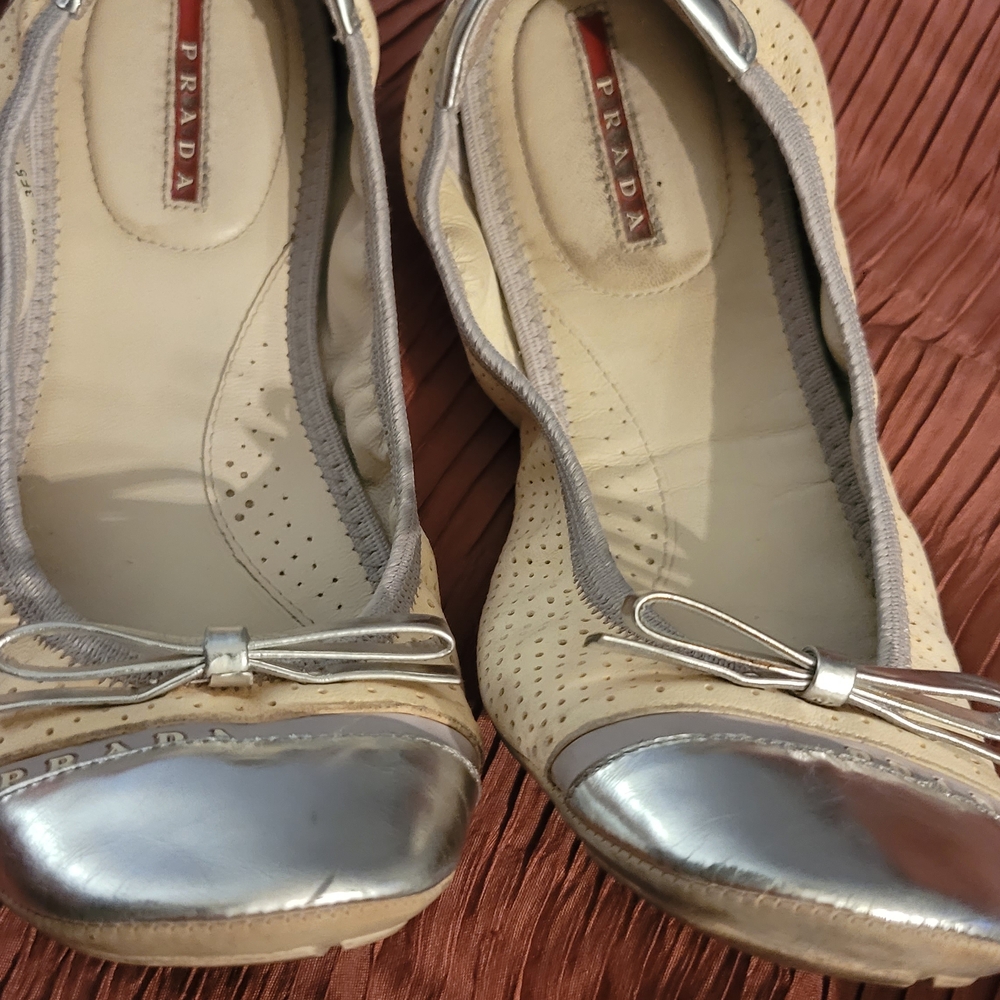 Prada Women's Beige and Silver Ballet Flats